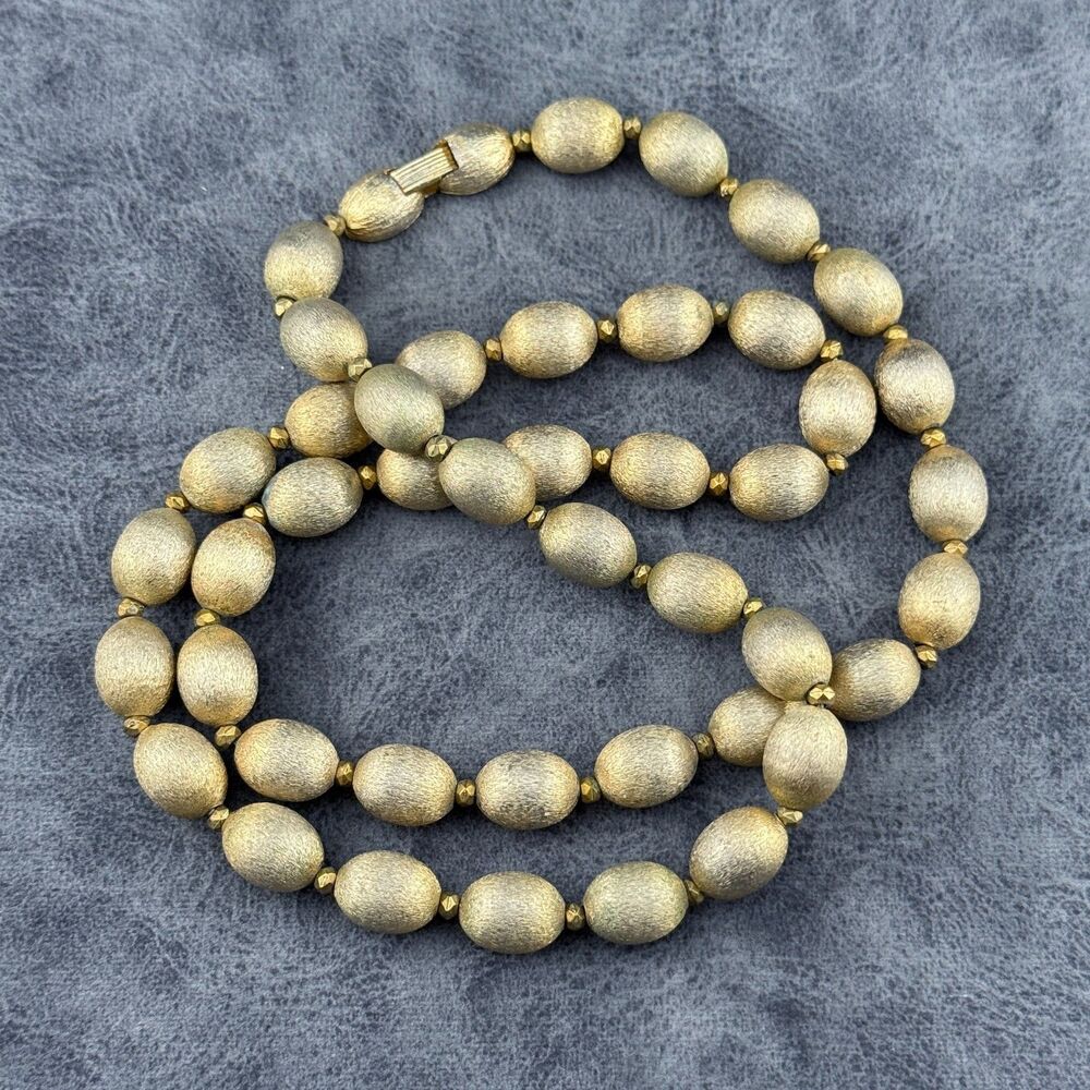Vintage Trifari Brushed Gold-tone Oval Ball Bead Necklace Metal Signed 12" AS IS